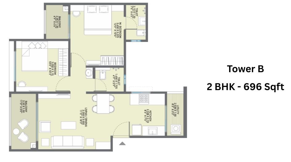 JN-AA-Privilege-Floor-Plan- Tower- B- 2 BHK -696-Sqft